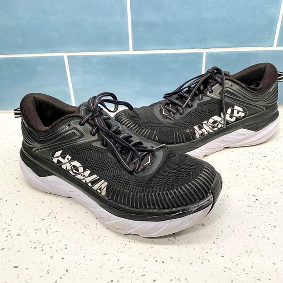 Hoka One One Bondi 7 Black‎ White Athletic Running Shoes Sneakers Men's Size 8